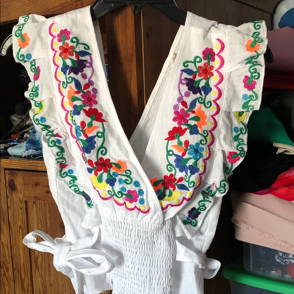 White Embroidered V-Neck Peasant Top with Colorful Floral Detail